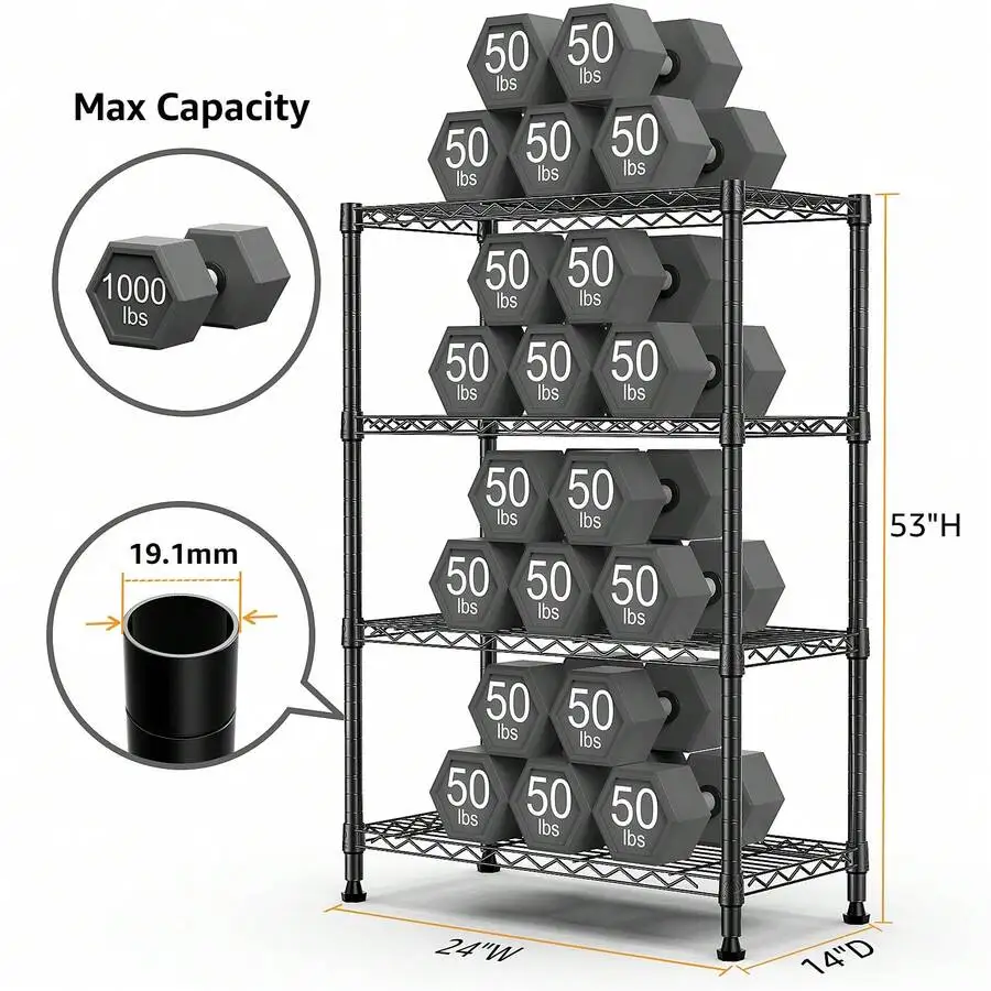 1000 Lbs Commercial Grade Wire Shelving Unit, 4-Tier Black Heavy Duty Standing Storage Rack, Steel Wire Organizer For Pantry, Ga