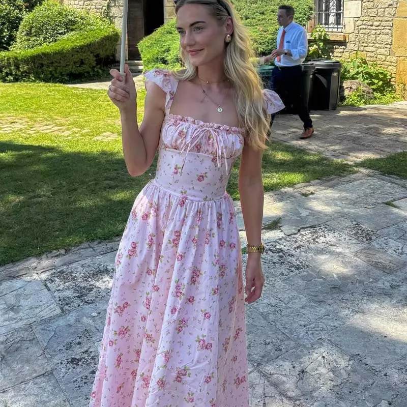 YENKYE 2026 New Women's Pink Floral Print Sundress Ruffle Strap Elegant French Vacation Party Summer Dress Lace Up Robe Cotton