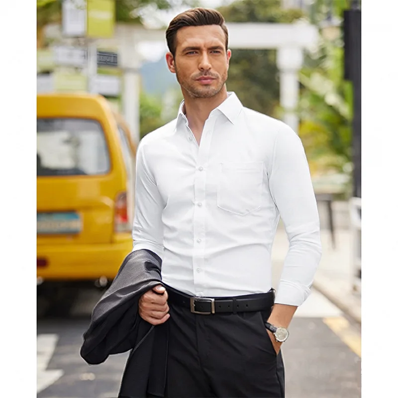 

2025 New Style Men's Casual Long-Sleeved Business Shirt, Solid Color, Anti-Wrinkle, Comfortable, Suitable for All Seasons