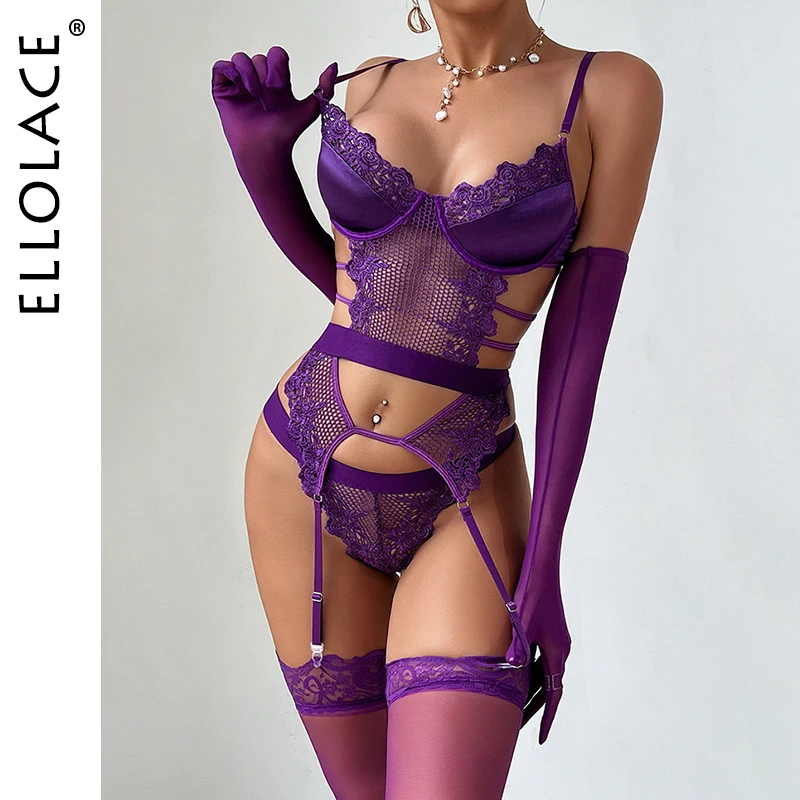 Ellolace Paarse Erotische Lingerie Compleet Sexy Outfits Sissy G-String Strings Kanten Sekskostuum Kousen Fantasie Volwassen Babydoll