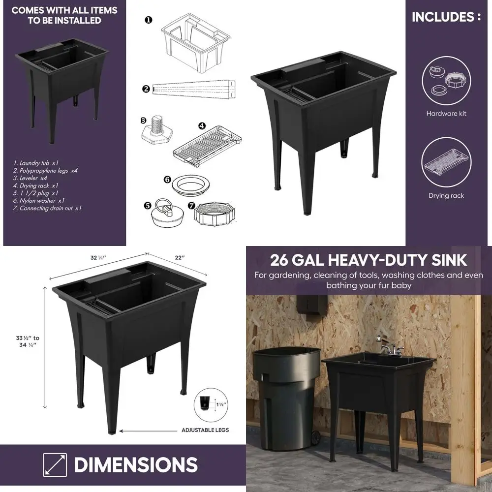 

Polypropylene Utility Sink, 32 for Laundry, Garage, Garden, Basement - Indoor/Outdoor Wash Tub, No Faucet, Black