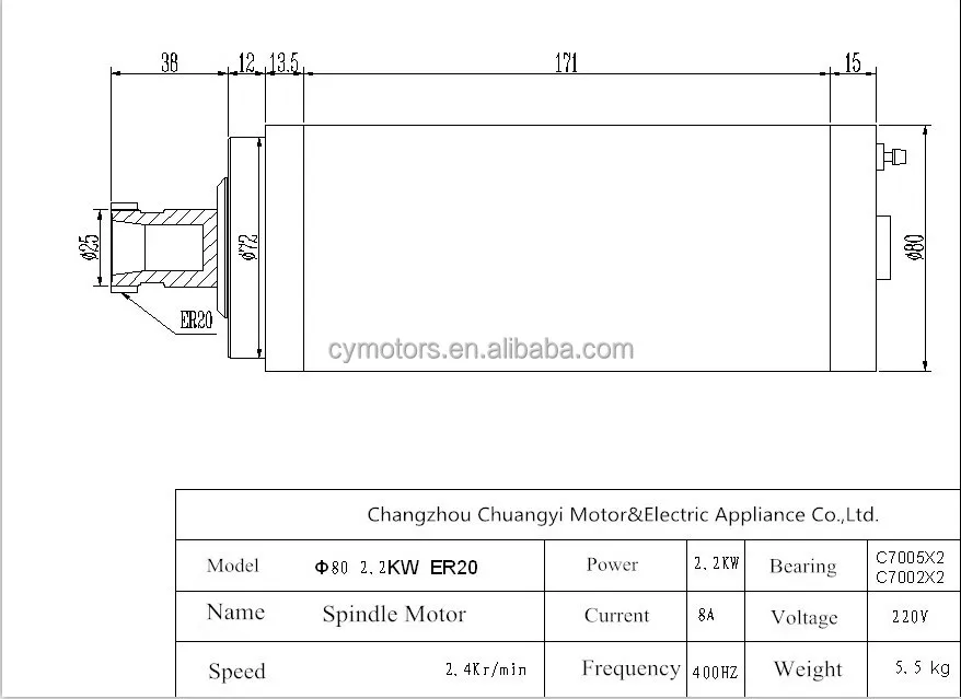 2.2kw water cooled high speed electric spindle for metal engraving or metal cutting machine