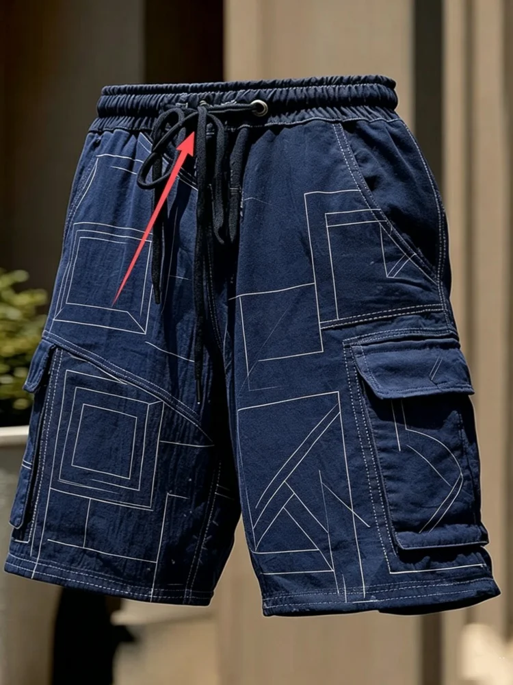 Men Navy Abstract Geometric Line Print Multi-Pocket Cargo Drawstring Casual Shorts