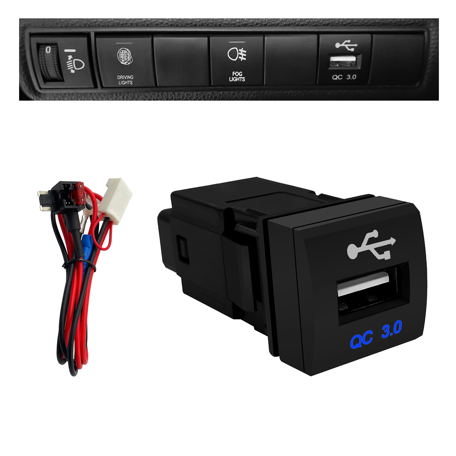 

12V Car Quick Charger Blue Light USB Push Switch for Toyota LandCruiser 300s Prado150 Camry V70 RAV4 Corolla Altis 2019 Hiace