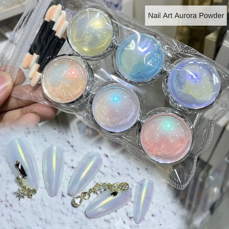 6pcs Auroras Nail Powder Metallic Mirror Effect Holographic Chameleon Pigment For Nail Art Gel Polish Mermaid Dipping