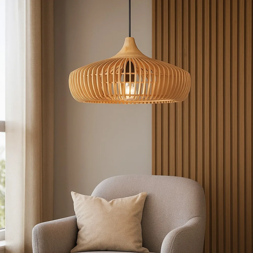 

JOYINLED Natural Wooden Pendant Light 43CM Modern Walnut Wood Color Light for Dining Room Living Room Dining Table Pendant Lamp