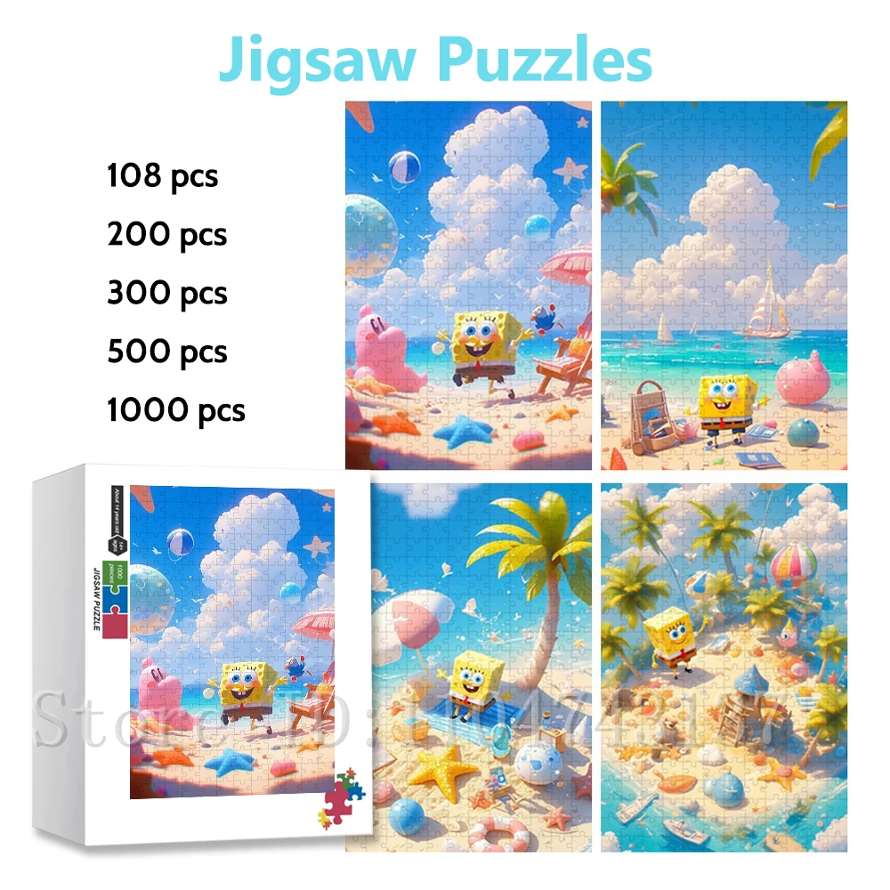 스폰지밥 만화 직소 퍼즐 가족용 인터랙티브 게임 장난감 108/300/500/1000 조각 퍼즐 지능 수제 취미
