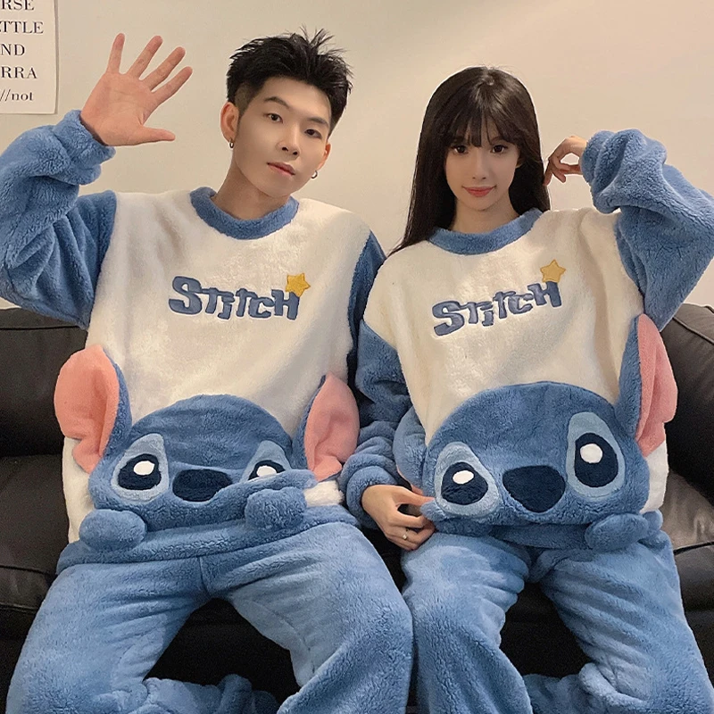 Disney Stitch Cute Winter Thicken Pajamas Sets Men Male Pyjamas Cartoon Flannel Loung Sleepwear Couple Pijama Mujer Homewear