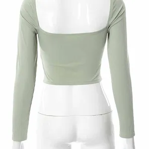 Damen -Oberteile mit VO Hollow -Ausschnitt, Langarm, Quadratschack, dünn -ribbed t -Shirts, Rückenless T -Shirt, lässige Mode, Frühling und Herbst 12 Hauptverkäufe Top Clake in V - №11