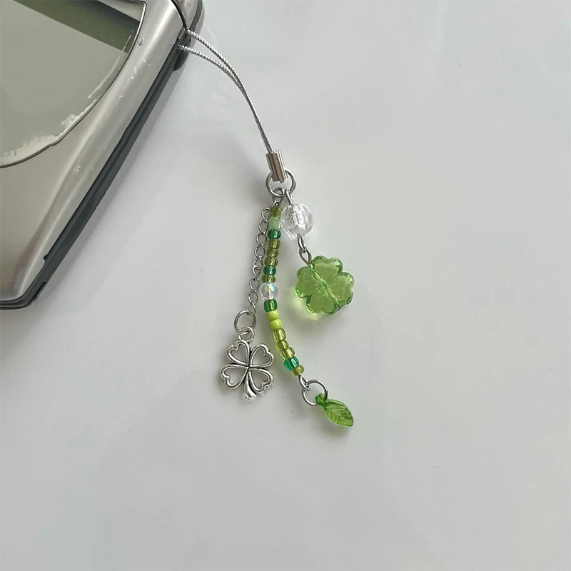 Handmade Beaded Phone Chain Lucky Four Leaf Clovers Phone Chain Colorful Keyring CCD Pendant Cellphone Accessory Ornament