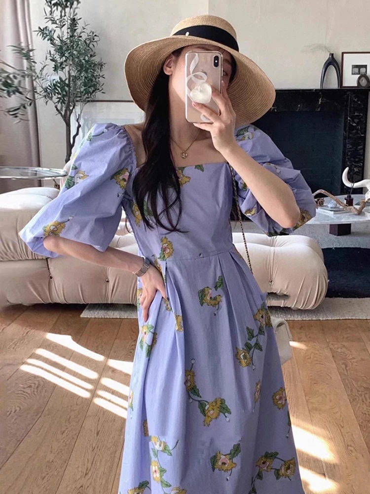 เดรสลายดอกไม้สไตล์เรโทรสำหรับฤดูร้อน เอวสูง จับจีบ ทรงบับเบิ้ล คอเหลี่ยม ดีไซน์เก๋ช่วยพรางหุ่น สำหรับผู้หญิง สไตล์ลำลอง เหมาะสำหรับใส่ไปทำงาน