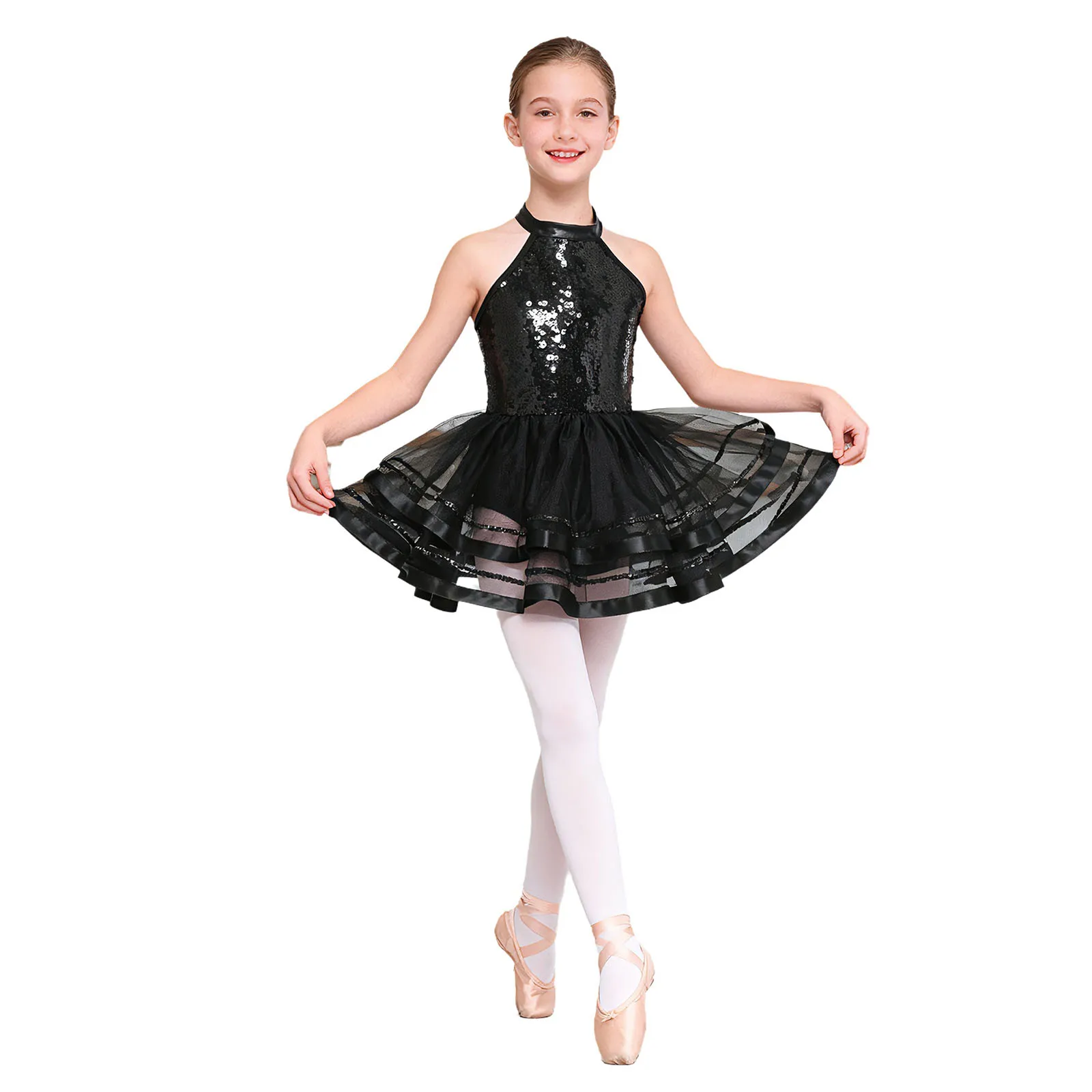 Glitzerndes Pailletten-Ballett-, Jazz- und Stepptanzkostüm für Mädchen, mit Neckholder-Oberteil und mehrlagigem Tüllrock für Wettbewerbe. – Detail 10