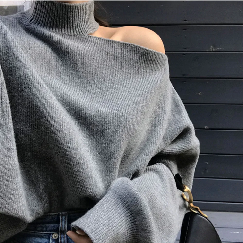 Winter Autumn Loose Irregular Casual Elegant Hollow Out Turtleneck Sweaters Tops Halter Bare Shoulders Knitted Pullover Black