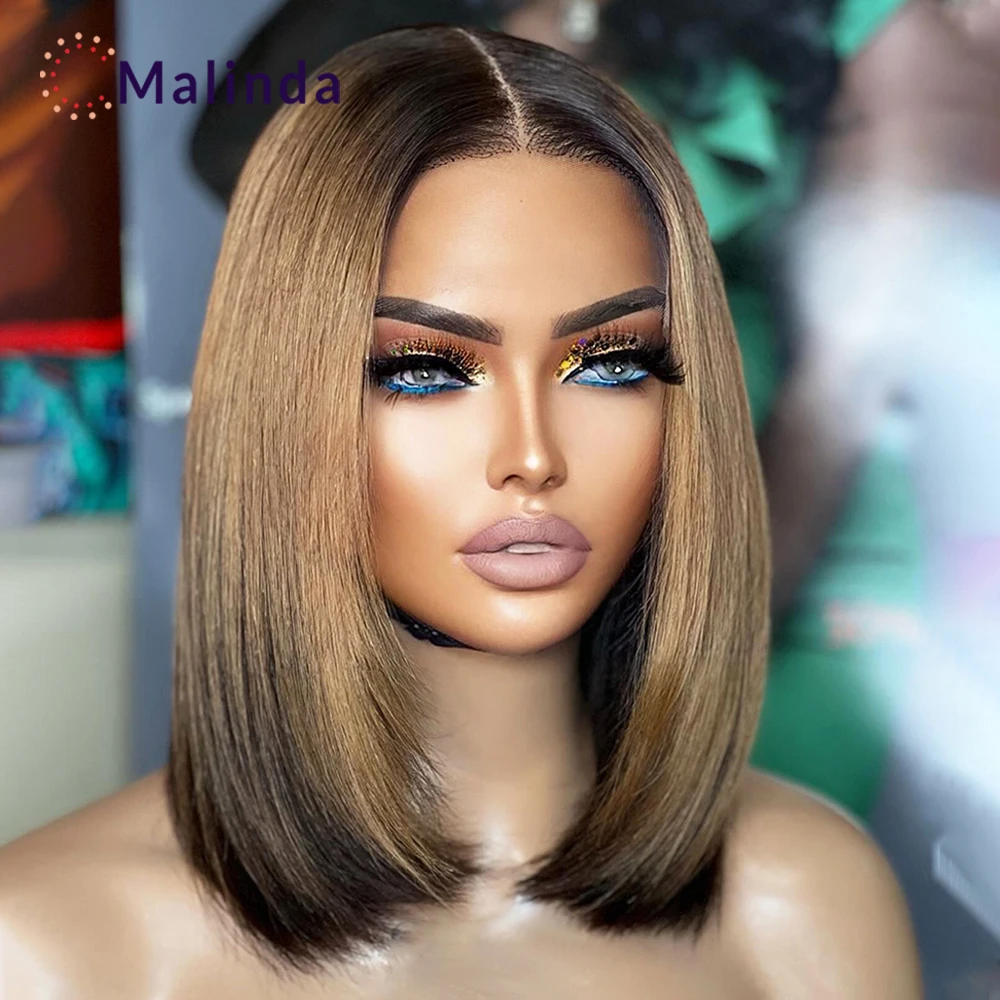 

Brazilian Ombre Blonde Short Straight Bob 250% Density 13x4 Glueless Transparent Lace Frontal Wigs Human Hair Wigs For Women