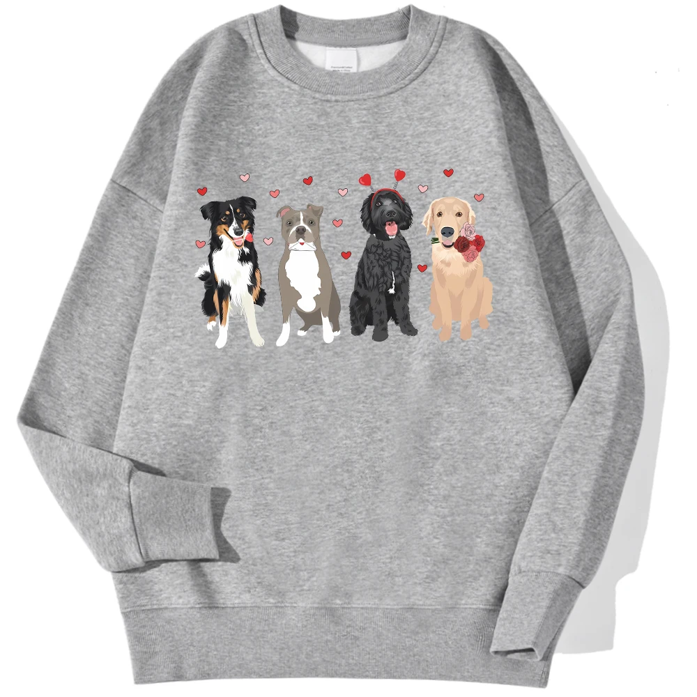 Cartoons Women\'S Hoodie Lovely Dogs & Heart Printing Sweatshirt Loose Crewneck Warm Fleece Pullover Autumn Winter Streetwear