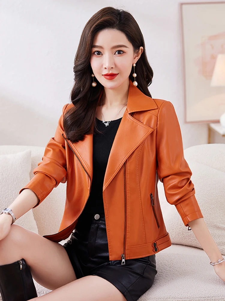 Spring Autumn New Sle ort Genuine Leather Jaet Women's Slim Fit Suit Collar Outerwear Faionable Korean Version