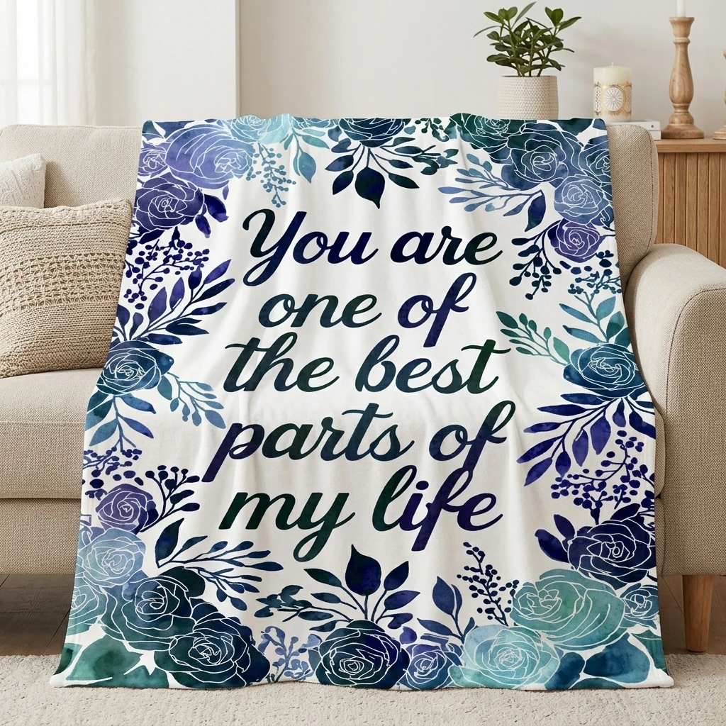 Gradient Blue Rose Wreath Border Flannel Throw Blanket, Cozy Romantic Quote Blanket for Bedroom & Living Room