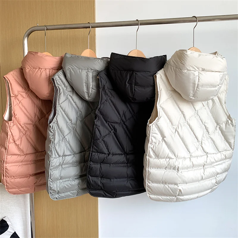 Oversize Hooded Down Waistcoat Coat 2023 Autumn Winter Women Light White Duck Down Vest Jacket Lady Warm Sleeveless Tank Parkas