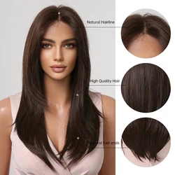 EASIHAIR Long Straight Dark Brown Black Lace Synthetic Wigs with Long Bangs T Part Lace Wig for Women Daily Party Heat Resistant