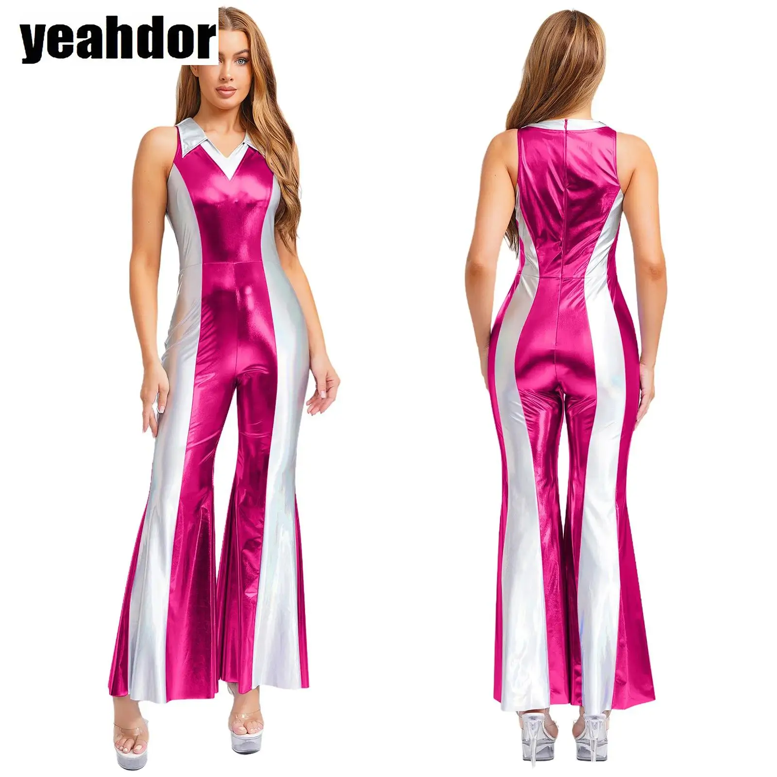 

Women Vintage Disco Jumpsuit 60s 70s Jazz Dance Rompers Costume V Neck Sleeveless Metallic Shiny Flared Pants Halloween Dress Up