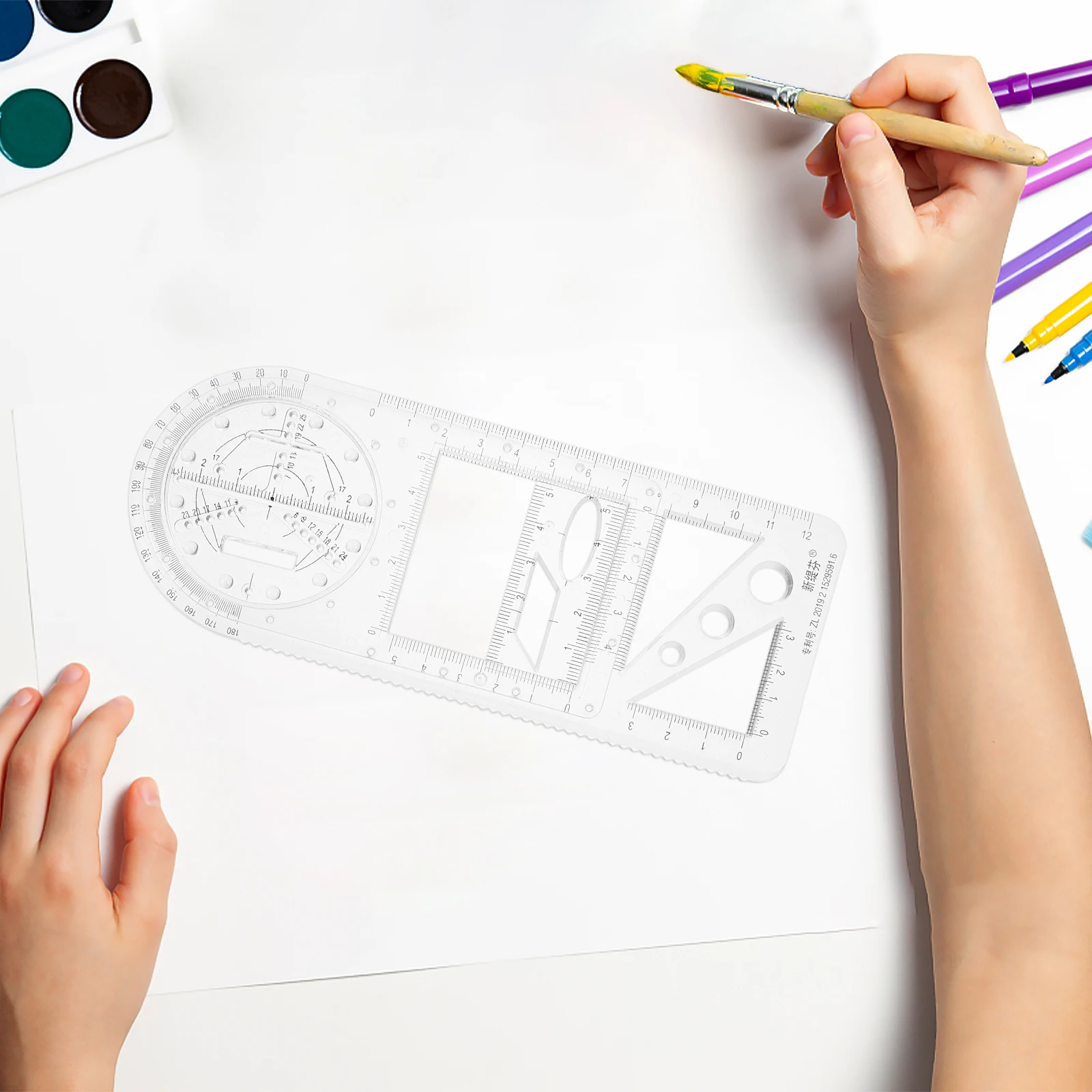 2pcs Multifunctional Drawing Ruler Transparent Plastic Student School Supply Teaching Aid Clear Scale Design