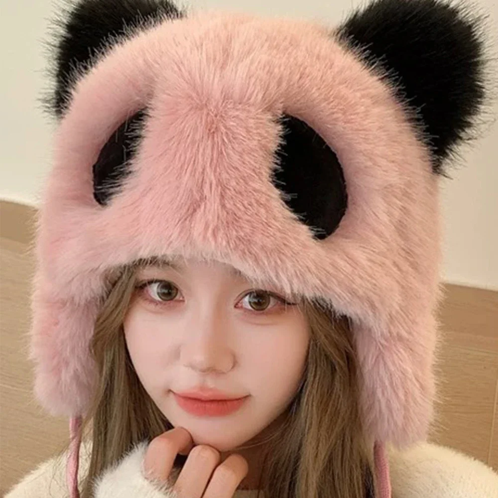 Winter Panda Plush Hat Outdoor Cycling Ear Protection Hats Thickened Warm Hat Casual Fleece Girls Hat Women\'s Warm Caps Gifts