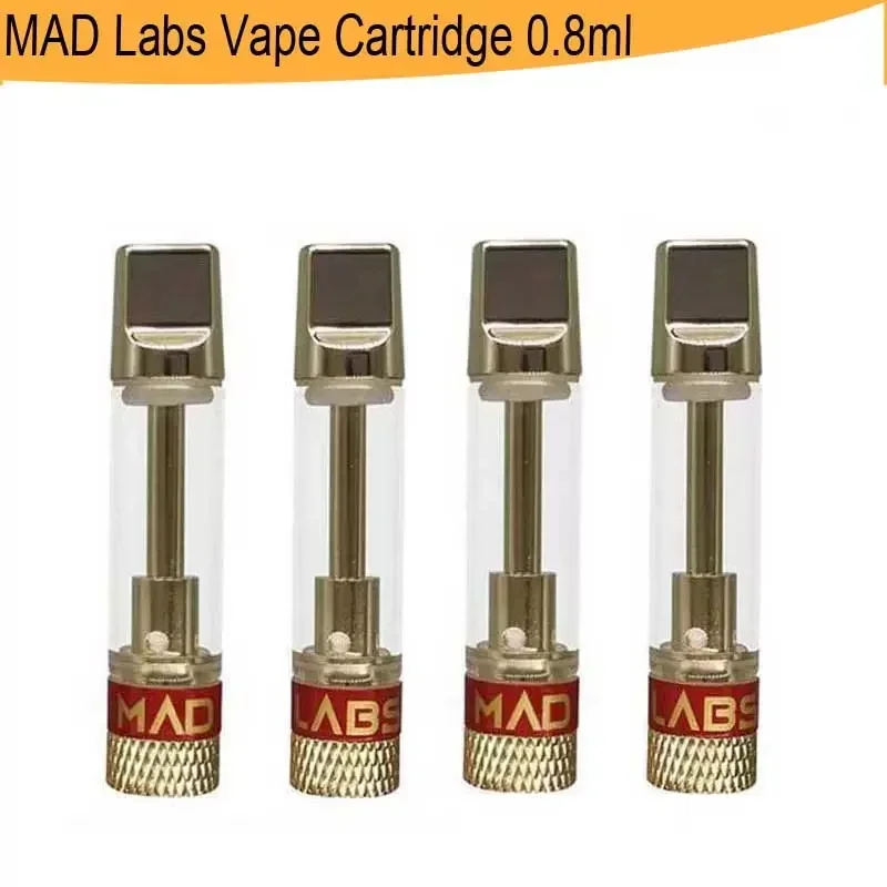 

50 шт. картридж MAD Labs Vape 0,8 мл, бак из пирекса, распылители, керамическая катушка, золотой наконечник, 510, резьба, толстый масляный воск, испаритель, картриджи для ручек