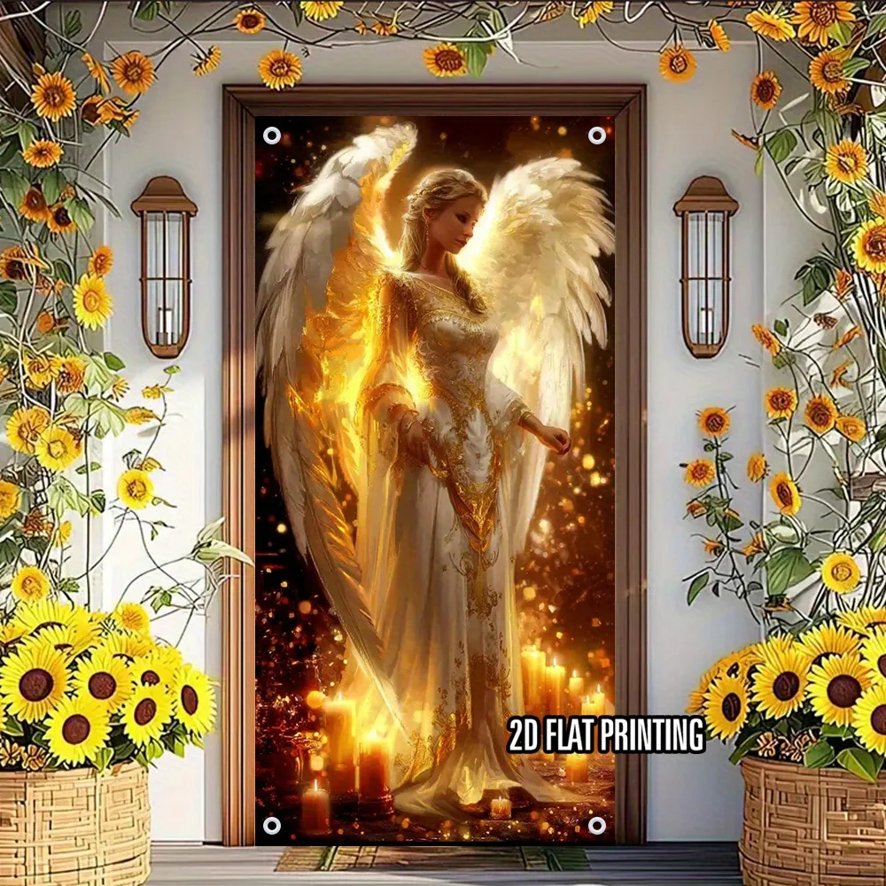 Golden Angel Door Cover Religious Christian Polyester Door Banner Wall Hanging Home Entrance Living Room Party Decor