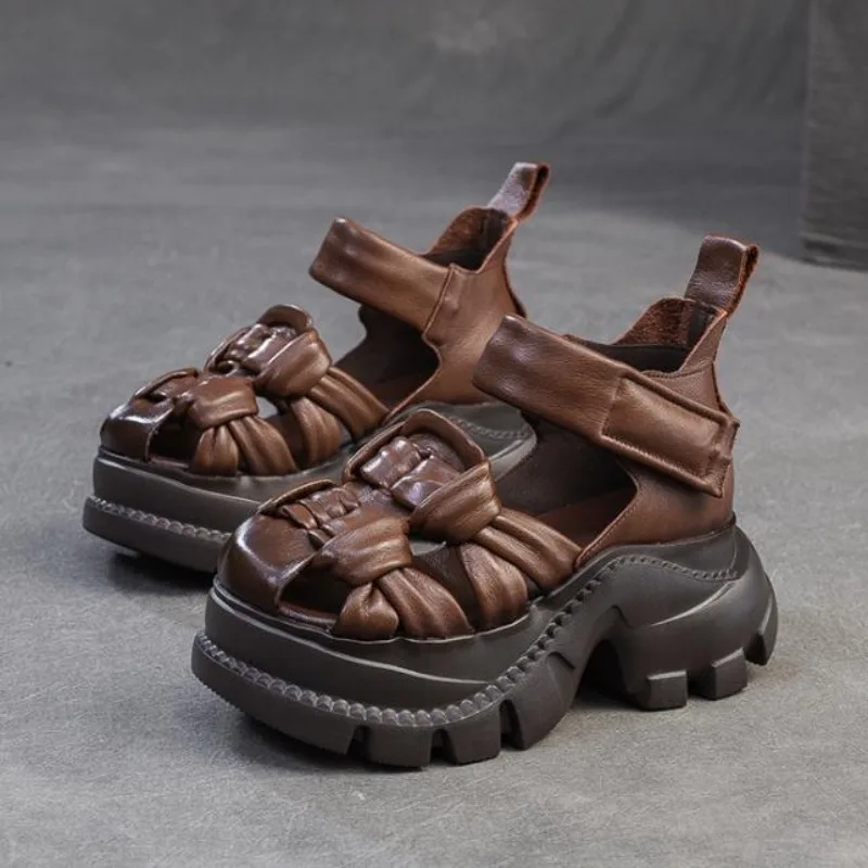 أعلى جودة 7 سنتيمتر البقرة نسج جلد طبيعي هوك منصة جوفاء إسفين النساء ماري جين الصنادل شبشب صيفي مضخات الأحذية الشقق #6