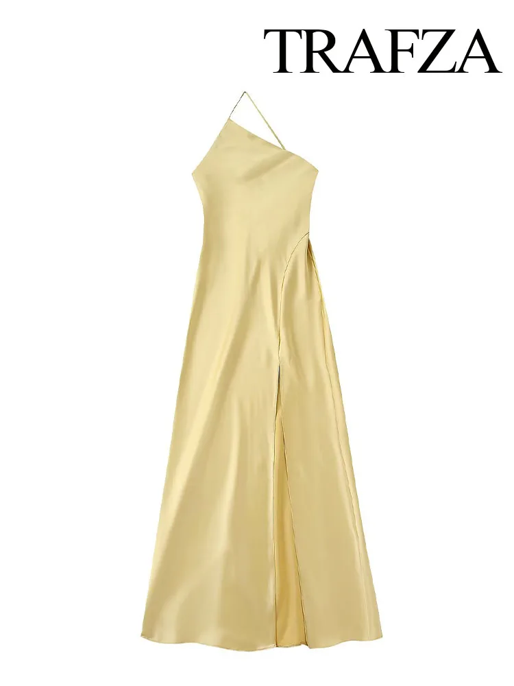 

TRAFZA 2025 Women's Asymmetry Backless Sleeveless Decoration Sling Dresses Female Elegant Beach Style Slim Long Dress Mujer