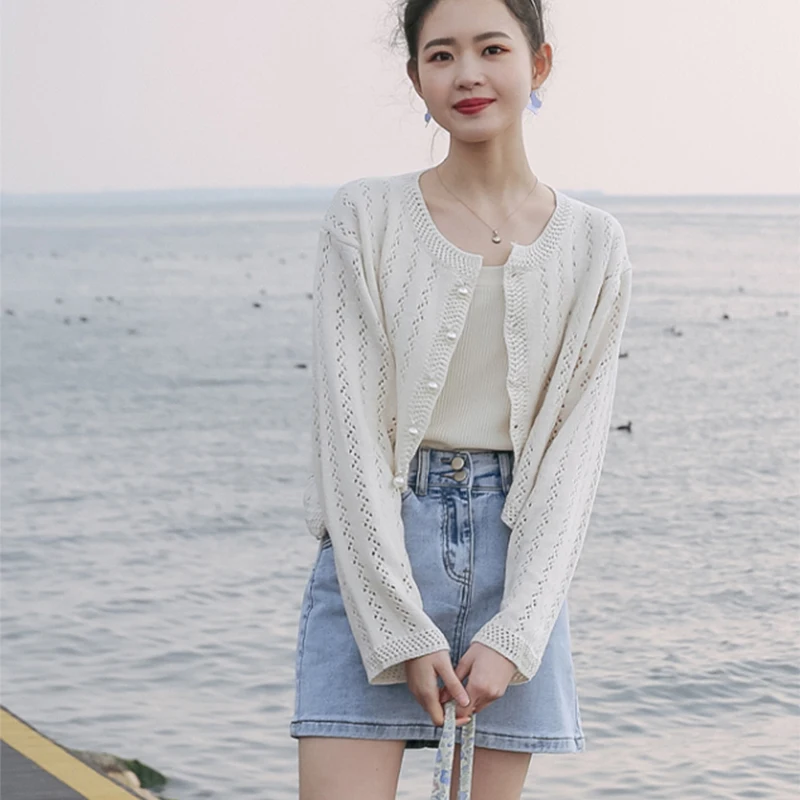 Cardigan Women Solid Hollow Out Simple Elegant Summer Thin Tender Кардиган Женский O-neck All-match Cozy Trendy Casual Chic Ins