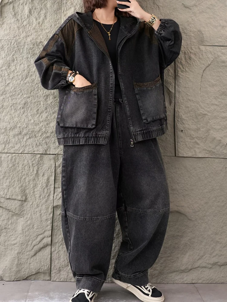 Amax LuluE 2025, Koreaanse Damesmode Big Size Klassieke Denim Pakken Damesmode Capuchon Tops Vintage Jeans Losse Twee Stukken Sets