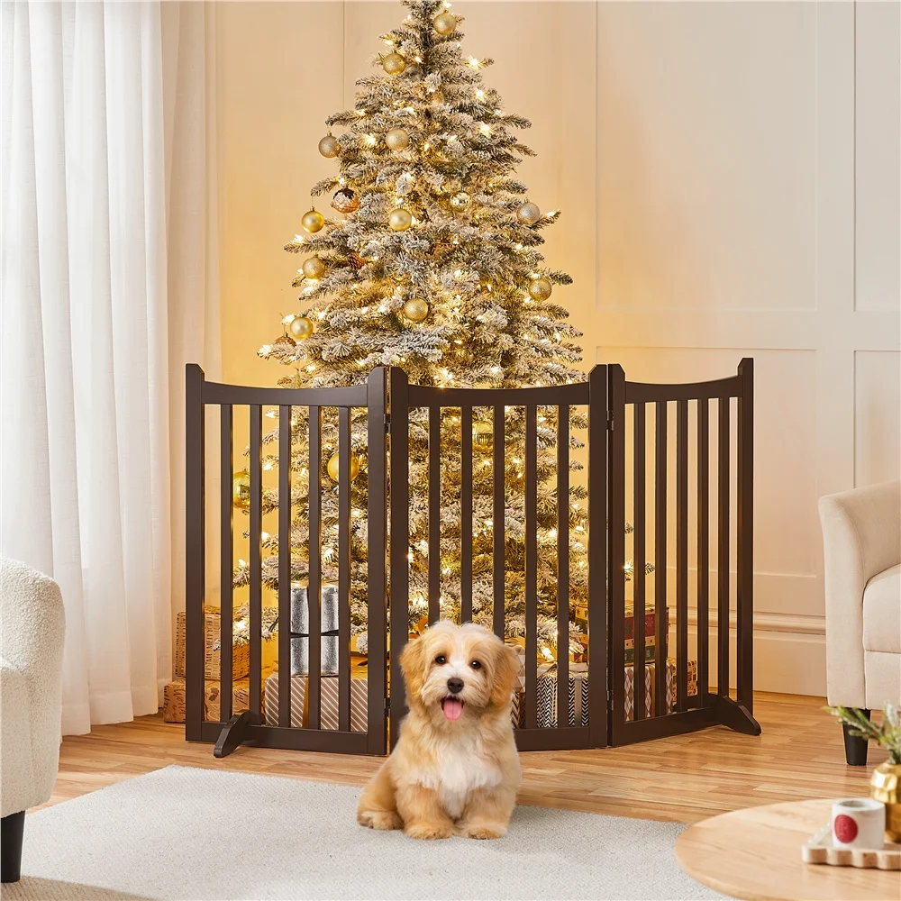 

Costoffs Dog Playpen 36 inch Tall Freestanding Foldable Pet Gate with 2 Support Feet Wooden3-Panel Pet Puppy Fence with Door