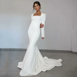Customized Muslim Long Sleeve Mermaid Wedding Dress Women 2026 Brides Gown Square Collar Modest Simple Elegant Bridal Dress