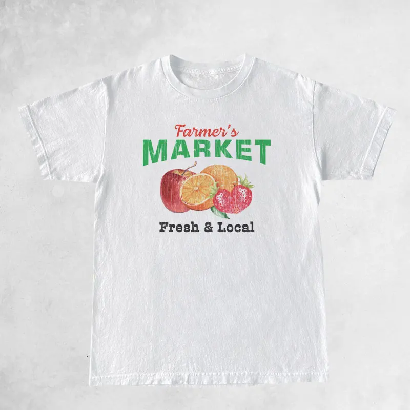 Farmers Market Fruit Printed T-shirts Short Sleeve Vintage Cute Graphic Tees Women Cottagecore Aesthetic Strawberry T Shirt Tops