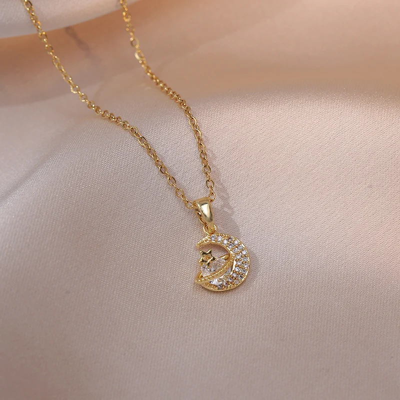 Star Moon Guardian Zircon Pendant Necklace Female Daily Luxury Gentle Fairy Clavicle Chainfor Women Girls Fashion Jewelry Gift