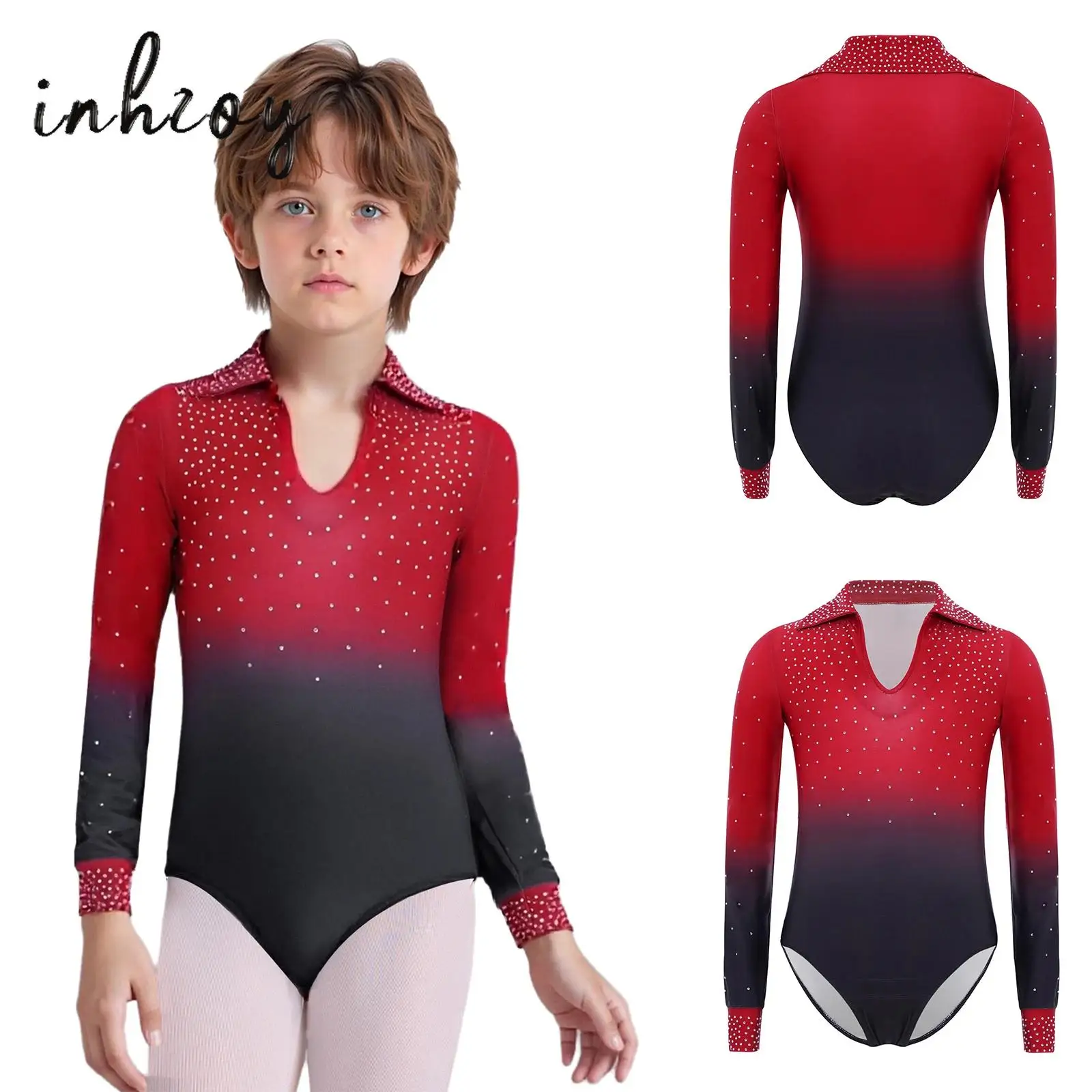 

Kids Boys Gymnastics Leotard Turn-Down Collar Long Sleeve Shiny Rhinestones Gradient Color Dance Bodysuit Ice Skating Dancewear