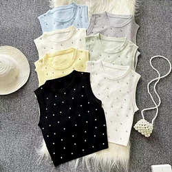 Rhinestone Tank Tops Women O Neck Sexy Sleeveless Camisole Tube Crop Tops Female Diamond Short Camis Tank Slim Crop Vest Tops