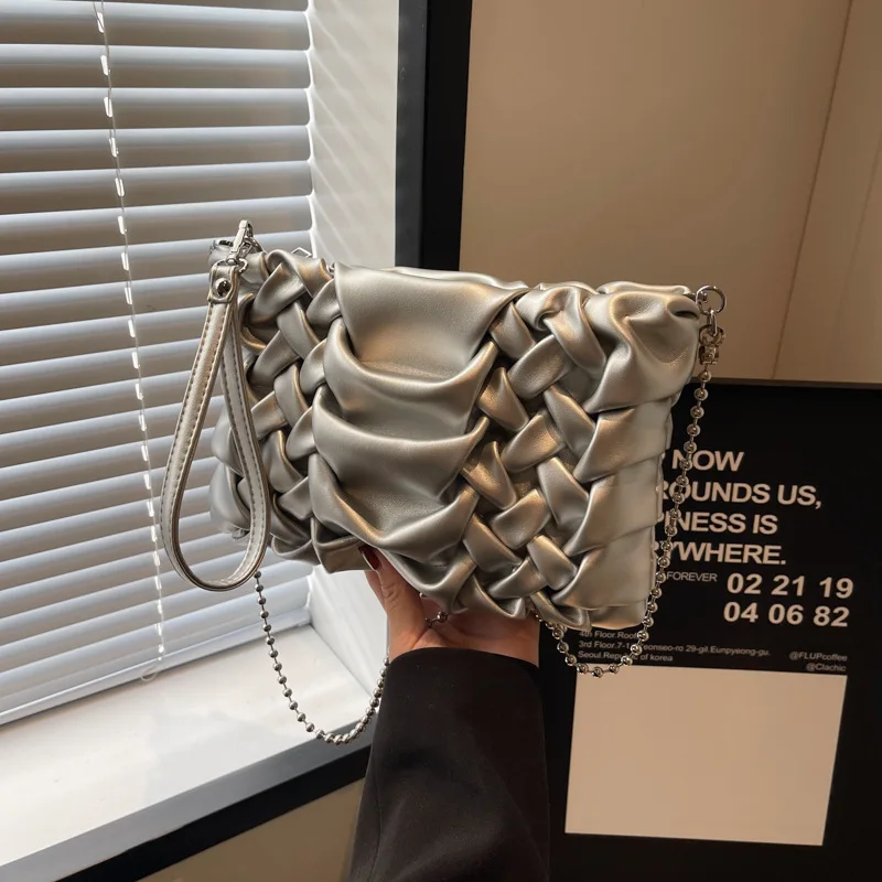 

​​2025 New Womens Pleated Square Bag Unique Chain Shoulder Purse Minimalist Crossbody Handbag Stylish Textured Clutch​