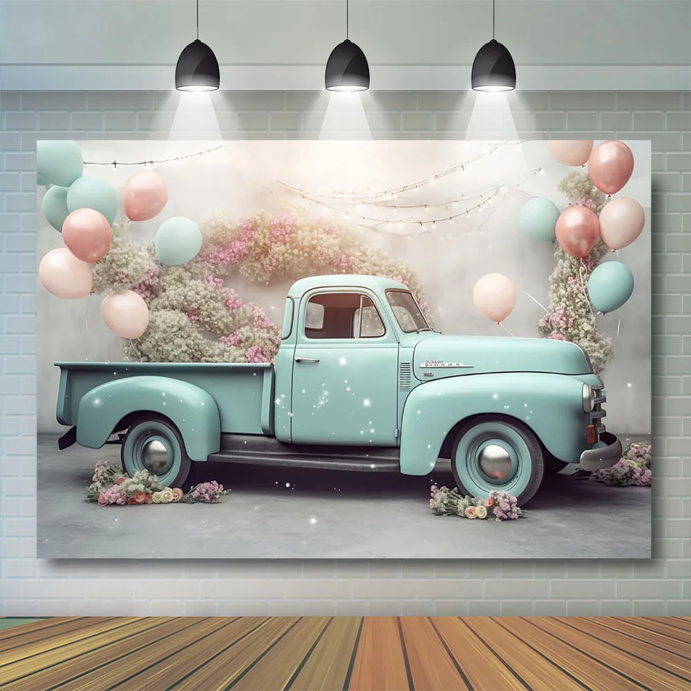 Фон для свадебного декора для детского душа, синий фургон, воздушный шар, цветок, фон для фотостудии, торт на день рождения для девочек, реквизит для фотосъемки