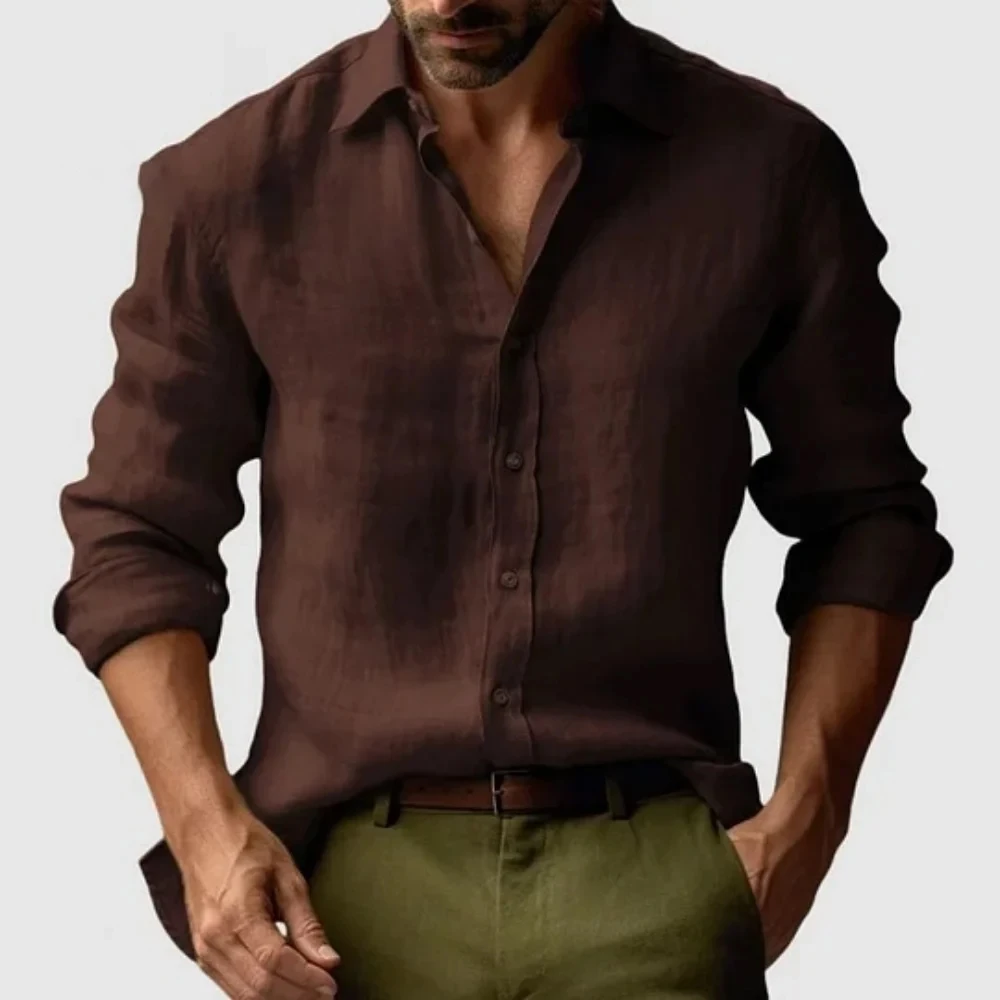 

Daily Leisure Breathable Solid Color Shirts Mens Summer Fashion Long Sleeve Shirt Vintage Men Button-up Turn-down Collar Shirt