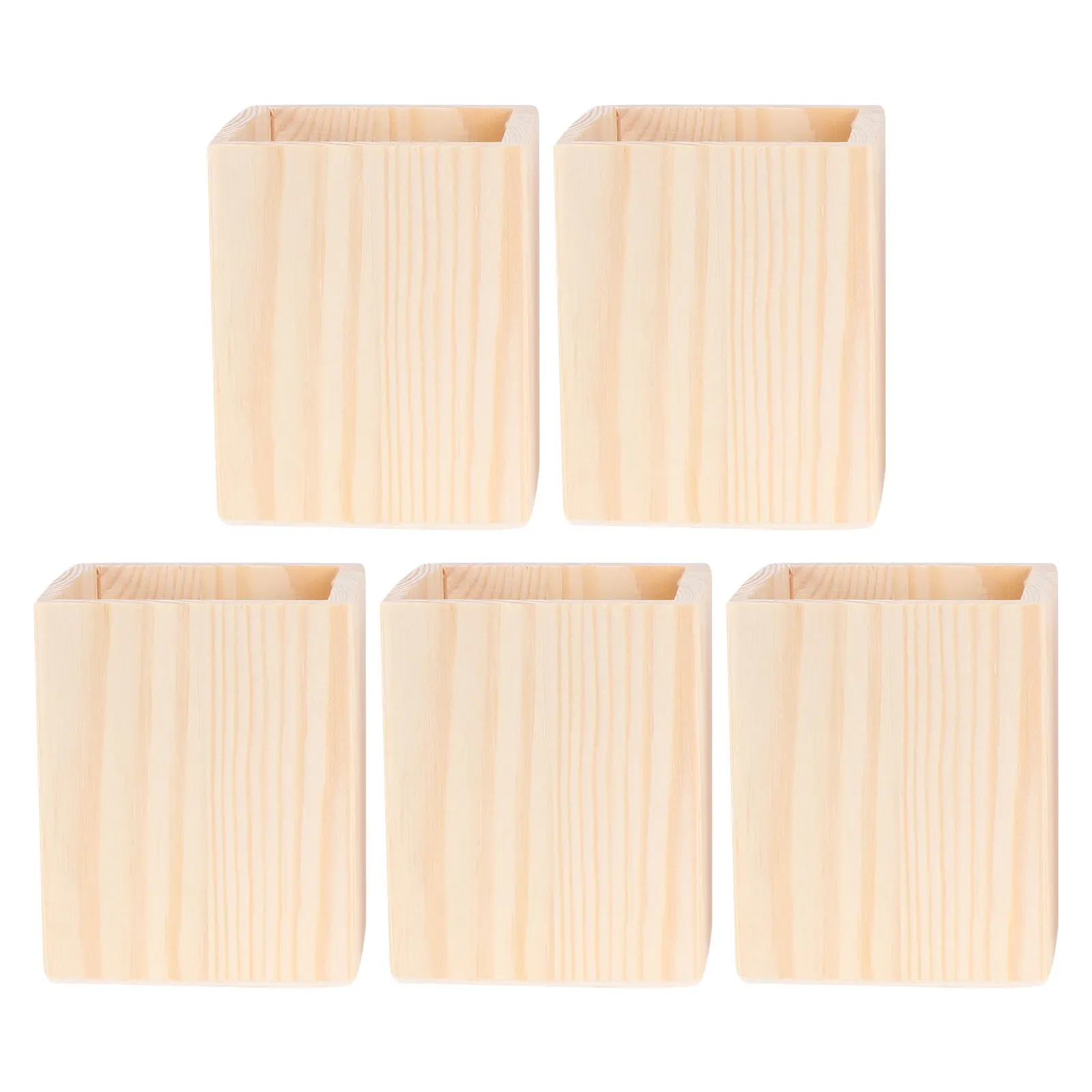 

5pcs Diy Wooden Pen Holder Unfinished Wood Pencil Organizer Cup For Desk Makeup Brushes Office Supplies Storage Tabletop