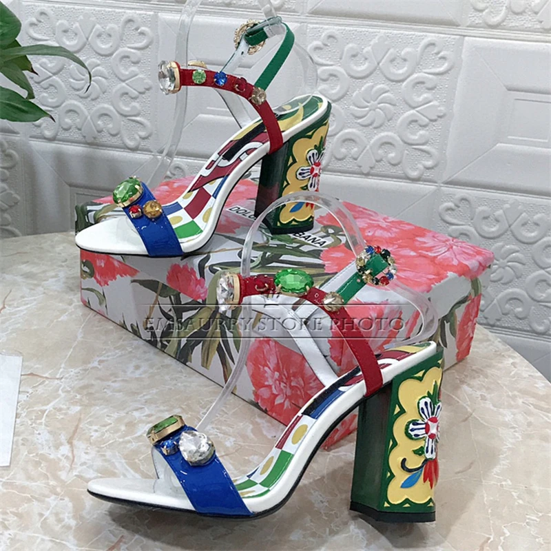 Colorful Print High Heel Modern Sandals Women Exotic Style Diamond Rhinestone Ankle Strap Holidays Shoes Summer