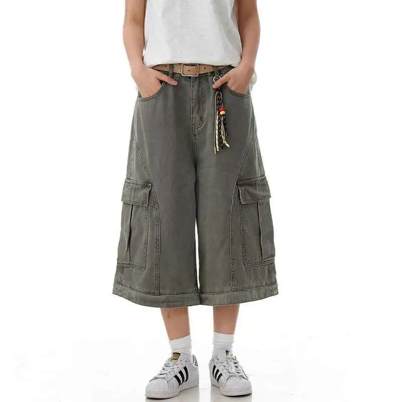 

Мужские укороченные брюки с карманами для деконструкции, летние модные прямые широкие мужские свободные универсальные однотонные шорты VZ64