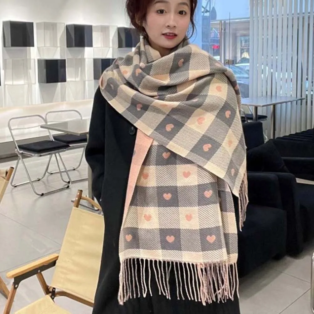 Korean Style Acrylic Fibers Plaid Knitted Scarf Long Warmer Heart Thickened Scarf Tartans Printed Classic Tassel Shawl Men