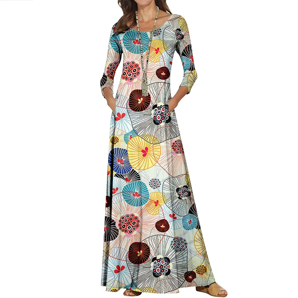 

2022 New Spring Vintage Print Long Daily Dress Women Fashion Round Neck A-line Dresses Vestidos Robe