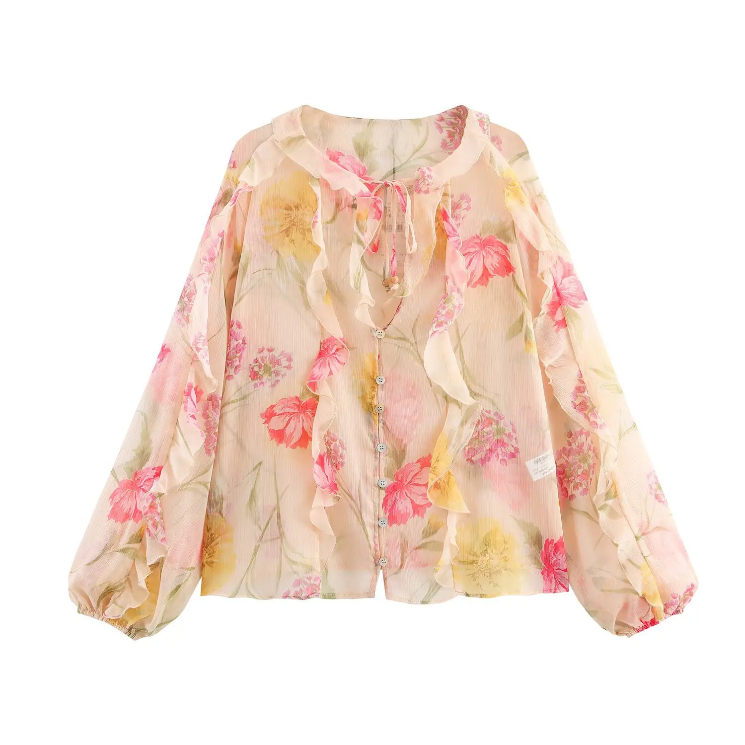 

Elegant Floral Print Ruffle Shirt for Women Long Sleeve Semi-Transparent Fashion Blouse Top 2025 New Chic Design