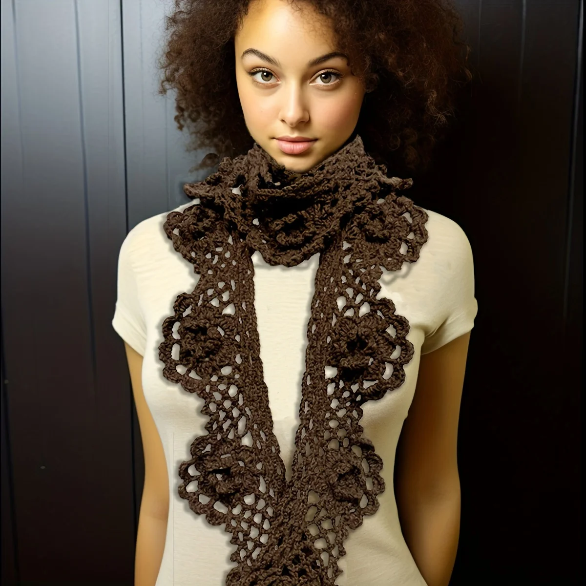 

Women's Vintage Handmade Crochet Scarf - Floral Pattern Brown Solid Color, Elastic Warm Windproof Winter Scarf Hand Wash Only