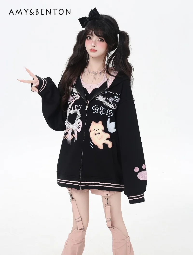 

Kawaii мультяшный принт, милое кружевное лоскутное пальто с капюшоном, осеннее новое пальто в студенческом стиле, милая лоскутная цветная свободная повседневная куртка