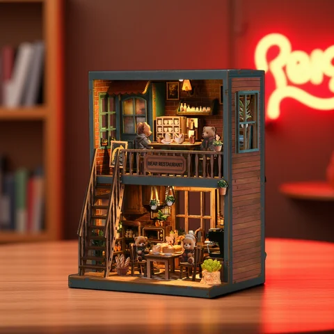 SnapTogs Orso Ristorante Libro Nook Kit in miniatura fai-da-te Accogliente casa delle bambole Roombox con orsi stravaganti Luci morbide e atmosfera da pranzo calda